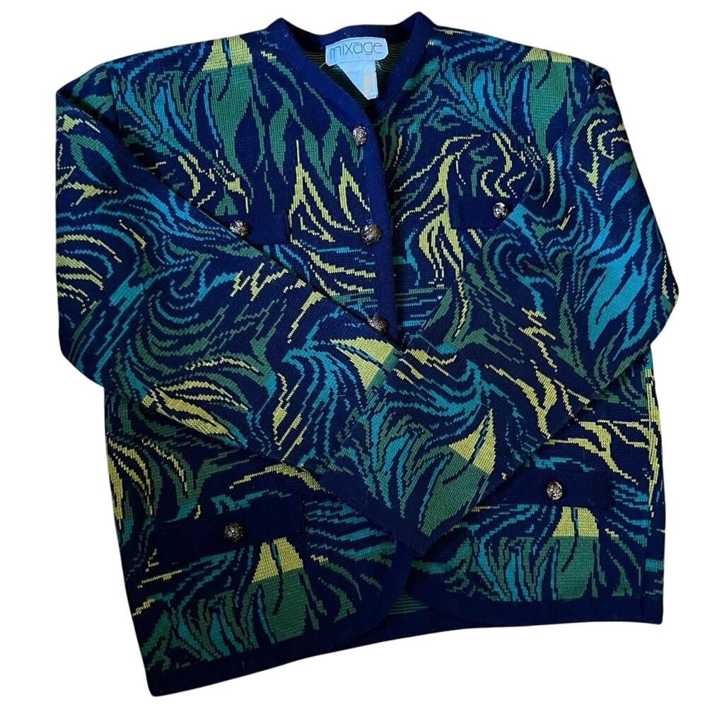 Vintage Mixage Abstract Knit Cardigan M Navy Green 80s Chunky Boxy